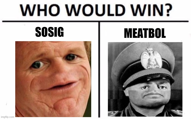 Who Would Win? Meme | SOSIG; MEATBOL | image tagged in memes,who would win,sosig,meatbol,benito mussolini | made w/ Imgflip meme maker