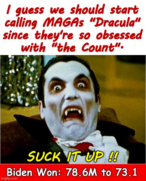 Biden Won 78.6M to 73.1 | I guess we should start
calling MAGAs "Dracula"
since they're so obsessed
with "the Count". SUCK IT UP !! Biden Won: 78.6M to 73.1 | image tagged in maga,election 2020,joe biden,trump lies,rick75230 | made w/ Imgflip meme maker