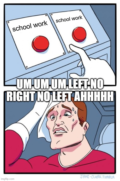 Two Buttons Meme | school work; school work; UM UM UM LEFT NO RIGHT NO LEFT AHHHHH | image tagged in memes,two buttons | made w/ Imgflip meme maker