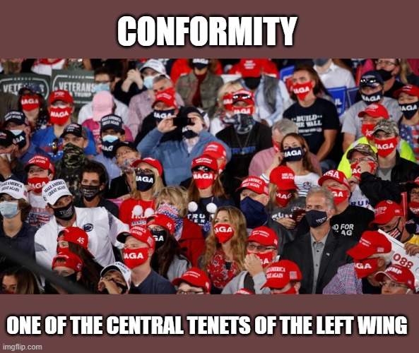 "Do not adopt the left wing ideology as they are conformists!" | CONFORMITY; ONE OF THE CENTRAL TENETS OF THE LEFT WING | image tagged in maga,trump rally,republican,conservative,conformity | made w/ Imgflip meme maker
