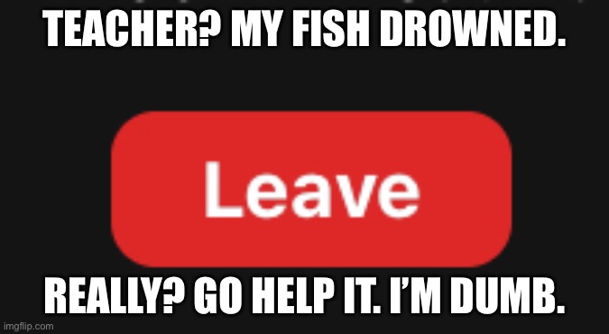 Leave Zoom | TEACHER? MY FISH DROWNED. REALLY? GO HELP IT. I’M DUMB. | image tagged in leave zoom | made w/ Imgflip meme maker
