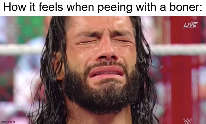 painful is it? | How it feels when peeing with a boner: | image tagged in roman reigns crying,memes | made w/ Imgflip meme maker