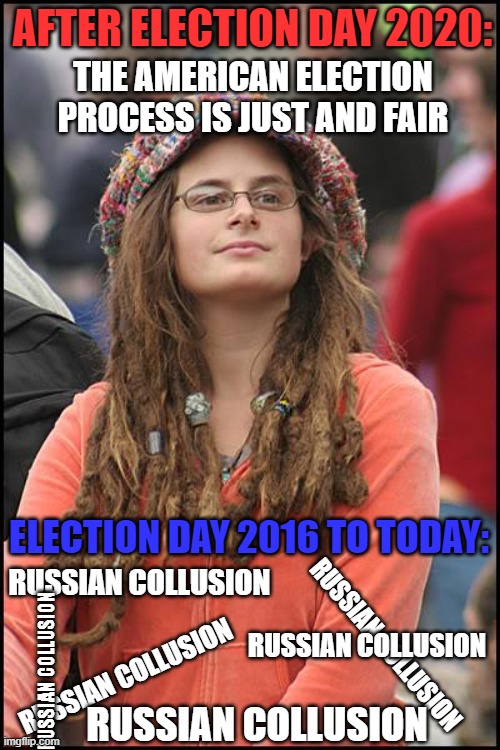 Democrat Rule #7: There is no such thing as "hypocrisy" or "double standards" | AFTER ELECTION DAY 2020:; THE AMERICAN ELECTION PROCESS IS JUST AND FAIR; ELECTION DAY 2016 TO TODAY:; RUSSIAN COLLUSION; RUSSIAN COLLUSION; RUSSIAN COLLUSION; RUSSIAN COLLUSION; RUSSIAN COLLUSION; RUSSIAN COLLUSION | image tagged in memes,college liberal | made w/ Imgflip meme maker