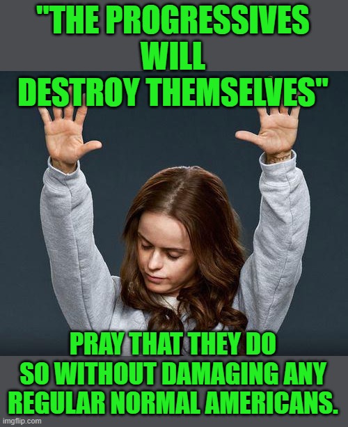 Praise the lord | "THE PROGRESSIVES WILL DESTROY THEMSELVES" PRAY THAT THEY DO SO WITHOUT DAMAGING ANY REGULAR NORMAL AMERICANS. | image tagged in praise the lord | made w/ Imgflip meme maker