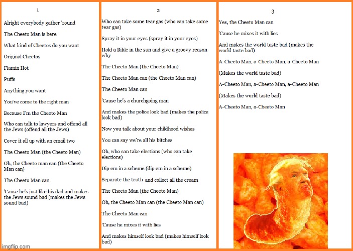 The Cheeto Man Song | image tagged in donald trump,cheetos,2020 elections,jewish | made w/ Imgflip meme maker