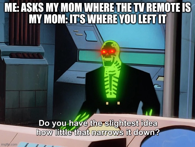 Do you have the slightest idea how little that narrows it down? | ME: ASKS MY MOM WHERE THE TV REMOTE IS
MY MOM: IT'S WHERE YOU LEFT IT | image tagged in do you have the slightest idea how little that narrows it down | made w/ Imgflip meme maker