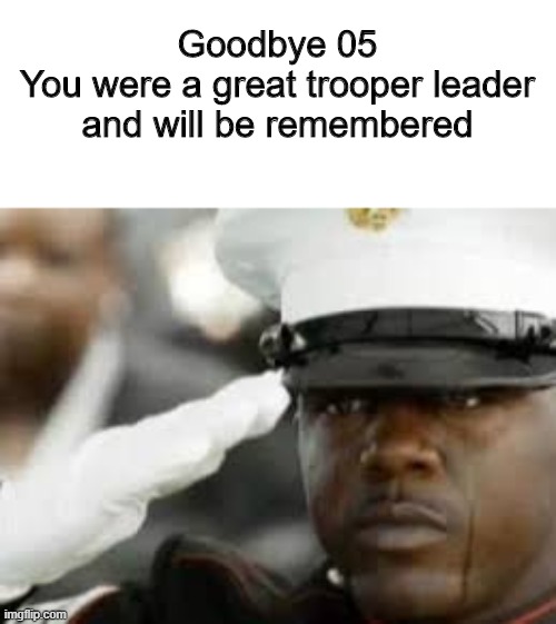 F in the chat for 05 please | Goodbye 05
You were a great trooper leader and will be remembered | image tagged in sad salute | made w/ Imgflip meme maker