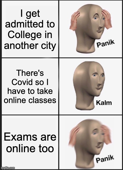 University nowadays | I get admitted to College in another city; There's Covid so I have to take online classes; Exams are online too | image tagged in memes,panik kalm panik | made w/ Imgflip meme maker