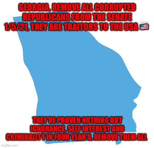 Blue georgia | GEORGIA, REMOVE ALL CORRUPTED REPUBLICANS FROM THE SENATE 1/5/21, THEY ARE TRAITORS TO THE USA 🇺🇸; THEY’VE PROVEN NOTHING BUT IGNORANCE, $ELF INTERE$T AND CRIMINALITY IN FOUR YEAR’S, REMOVE THEM ALL | image tagged in blue georgia | made w/ Imgflip meme maker