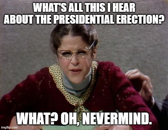 Emily Litella | WHAT'S ALL THIS I HEAR ABOUT THE PRESIDENTIAL ERECTION? WHAT? OH, NEVERMIND. | image tagged in emily litella | made w/ Imgflip meme maker