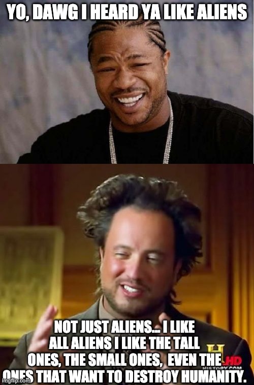 YO, DAWG I HEARD YA LIKE ALIENS; NOT JUST ALIENS... I LIKE ALL ALIENS I LIKE THE TALL ONES, THE SMALL ONES,  EVEN THE ONES THAT WANT TO DESTROY HUMANITY. | image tagged in memes,yo dawg heard you,ancient aliens | made w/ Imgflip meme maker