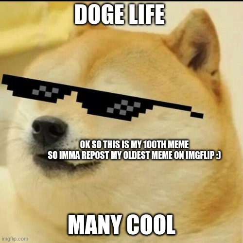 Sunglass Doge | DOGE LIFE; OK SO THIS IS MY 100TH MEME
SO IMMA REPOST MY OLDEST MEME ON IMGFLIP :); MANY COOL | image tagged in sunglass doge | made w/ Imgflip meme maker