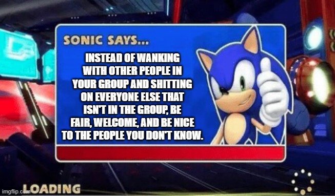Sonic Says | INSTEAD OF WANKING WITH OTHER PEOPLE IN YOUR GROUP AND SHITTING ON EVERYONE ELSE THAT ISN'T IN THE GROUP, BE FAIR, WELCOME, AND BE NICE TO THE PEOPLE YOU DON'T KNOW. | image tagged in sonic says,memes | made w/ Imgflip meme maker