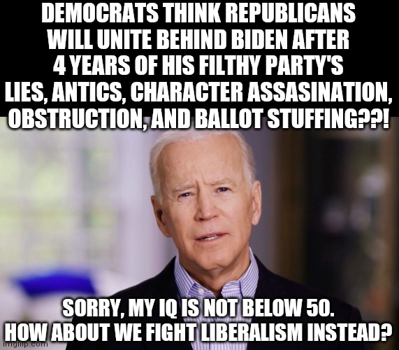 Biden may be the best thing to happen for Republicans for years. | DEMOCRATS THINK REPUBLICANS WILL UNITE BEHIND BIDEN AFTER 4 YEARS OF HIS FILTHY PARTY'S LIES, ANTICS, CHARACTER ASSASINATION, OBSTRUCTION, AND BALLOT STUFFING??! SORRY, MY IQ IS NOT BELOW 50. HOW ABOUT WE FIGHT LIBERALISM INSTEAD? | image tagged in joe biden 2020,political correctness,fight | made w/ Imgflip meme maker
