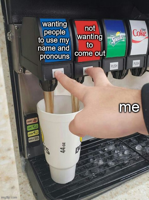 So real. (Y también está el privilegio de no tener que salir del armario) | wanting people to use my 
name and 
pronouns; not wanting to come out; me | image tagged in vending machine,gender | made w/ Imgflip meme maker