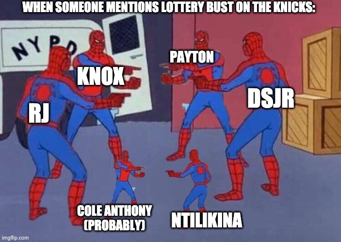 6 Spiderman | WHEN SOMEONE MENTIONS LOTTERY BUST ON THE KNICKS:; PAYTON; KNOX; DSJR; RJ; COLE ANTHONY (PROBABLY); NTILIKINA | image tagged in 6 spiderman | made w/ Imgflip meme maker