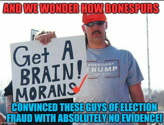 Duh! He said it so it must be true! | AND WE WONDER HOW BONESPURS; CONVINCED THESE GUYS OF ELECTION FRAUD WITH ABSOLUTELY NO EVIDENCE! | image tagged in trump supporter,donald trump,election 2020,voter fraud,trumpet boy object labeling | made w/ Imgflip meme maker