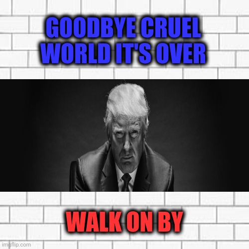 Sitting In A Bunker There Behind His Wall | GOODBYE CRUEL WORLD IT'S OVER; WALK ON BY | image tagged in pink floyd,memes,trump unfit unqualified dangerous,liar in chief,lock him up,it's over | made w/ Imgflip meme maker