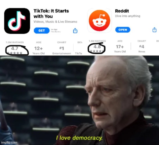 Reddit still winning | image tagged in reddit,tik tok,i love democracy | made w/ Imgflip meme maker