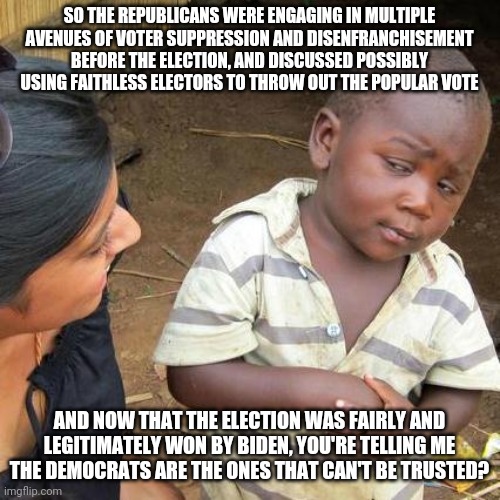 I would tell Republicans to take a good hard look at themselves, but we all know they're incapable of self-introspection. | SO THE REPUBLICANS WERE ENGAGING IN MULTIPLE AVENUES OF VOTER SUPPRESSION AND DISENFRANCHISEMENT BEFORE THE ELECTION, AND DISCUSSED POSSIBLY USING FAITHLESS ELECTORS TO THROW OUT THE POPULAR VOTE; AND NOW THAT THE ELECTION WAS FAIRLY AND LEGITIMATELY WON BY BIDEN, YOU'RE TELLING ME THE DEMOCRATS ARE THE ONES THAT CAN'T BE TRUSTED? | image tagged in memes,third world skeptical kid | made w/ Imgflip meme maker