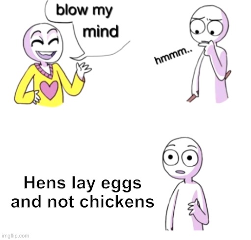 Big brain | Hens lay eggs and not chickens | image tagged in blow my mind | made w/ Imgflip meme maker