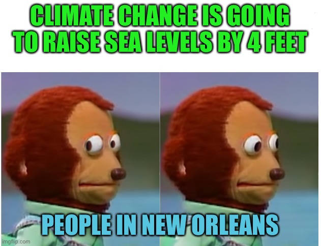 Monkey puppet looking away good quality | CLIMATE CHANGE IS GOING TO RAISE SEA LEVELS BY 4 FEET; PEOPLE IN NEW ORLEANS | image tagged in monkey puppet looking away good quality | made w/ Imgflip meme maker