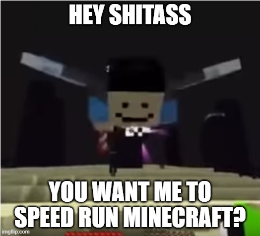 Hey shitass | HEY SHITASS; YOU WANT ME TO SPEED RUN MINECRAFT? | image tagged in hey shitass | made w/ Imgflip meme maker