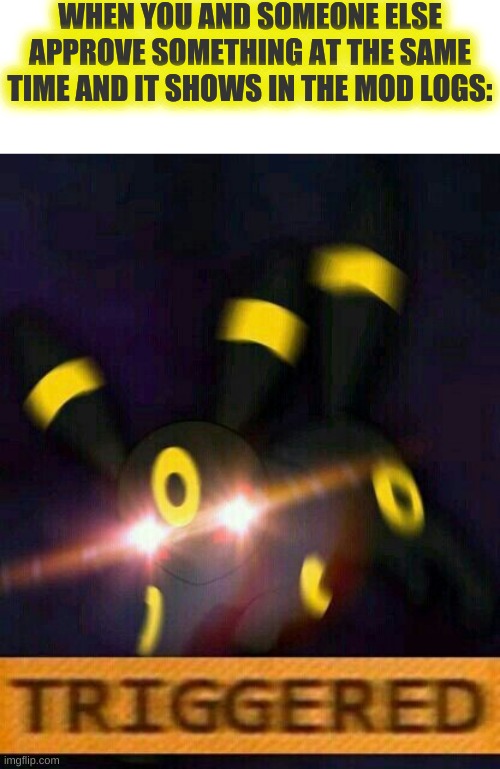WHEN YOU AND SOMEONE ELSE APPROVE SOMETHING AT THE SAME TIME AND IT SHOWS IN THE MOD LOGS: | made w/ Imgflip meme maker