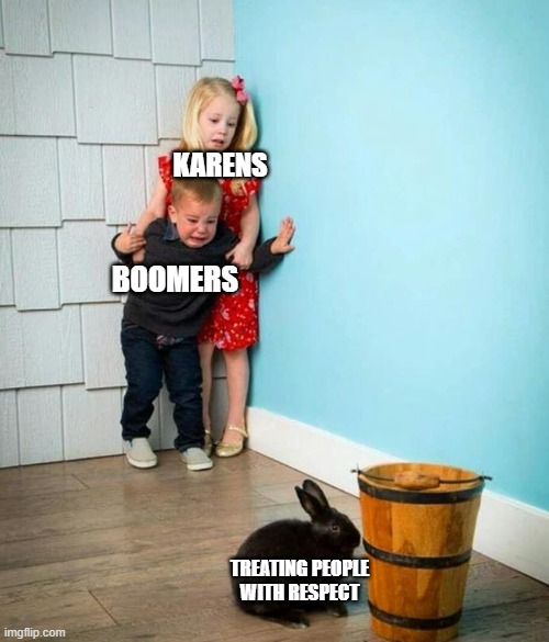 Seems right | KARENS; BOOMERS; TREATING PEOPLE WITH RESPECT | image tagged in children scared of rabbit | made w/ Imgflip meme maker