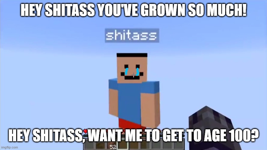 shitass | HEY SHITASS YOU'VE GROWN SO MUCH! HEY SHITASS, WANT ME TO GET TO AGE 100? | image tagged in shitass | made w/ Imgflip meme maker