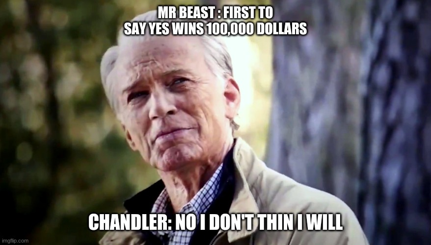 No I don't think I will | MR BEAST : FIRST TO SAY YES WINS 100,000 DOLLARS; CHANDLER: NO I DON'T THIN I WILL | image tagged in no i don't think i will | made w/ Imgflip meme maker