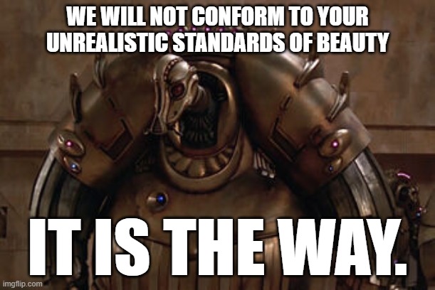 Mondoshawan | WE WILL NOT CONFORM TO YOUR UNREALISTIC STANDARDS OF BEAUTY; IT IS THE WAY. | image tagged in mondoshawan | made w/ Imgflip meme maker