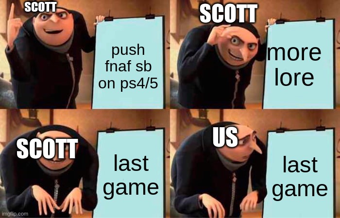Gru's Plan Meme | SCOTT; SCOTT; more lore; push fnaf sb on ps4/5; US; SCOTT; last game; last game | image tagged in memes,gru's plan | made w/ Imgflip meme maker