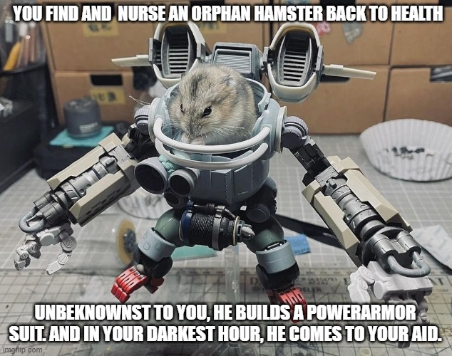 funny | YOU FIND AND  NURSE AN ORPHAN HAMSTER BACK TO HEALTH; UNBEKNOWNST TO YOU, HE BUILDS A POWERARMOR SUIT. AND IN YOUR DARKEST HOUR, HE COMES TO YOUR AID. | image tagged in hamster | made w/ Imgflip meme maker