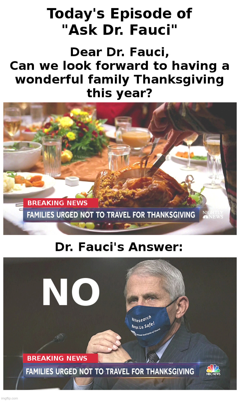 Today's Episode of "Ask Dr. Fauci" | image tagged in fauci,face mask,thanksgiving,coronavirus,lockdown,forever | made w/ Imgflip meme maker