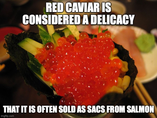 Red Caviar | RED CAVIAR IS CONSIDERED A DELICACY; THAT IT IS OFTEN SOLD AS SACS FROM SALMON | image tagged in food,memes | made w/ Imgflip meme maker