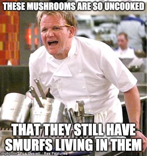 Chef Gordon Ramsay | THESE MUSHROOMS ARE SO UNCOOKED; THAT THEY STILL HAVE SMURFS LIVING IN THEM | image tagged in memes,chef gordon ramsay | made w/ Imgflip meme maker