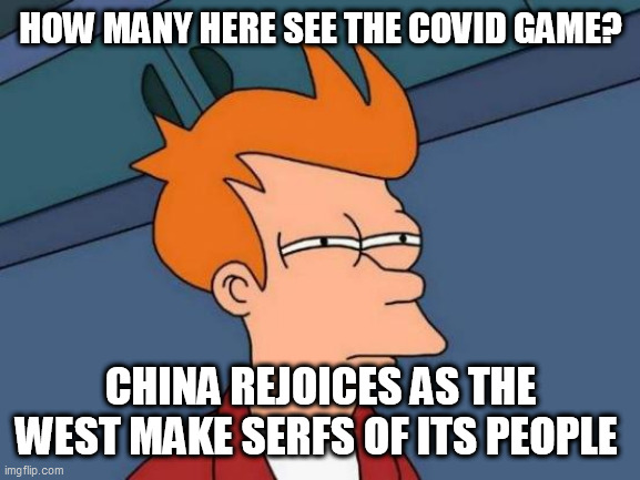 Futurama Fry Meme | HOW MANY HERE SEE THE COVID GAME? CHINA REJOICES AS THE WEST MAKE SERFS OF ITS PEOPLE | image tagged in memes,futurama fry | made w/ Imgflip meme maker