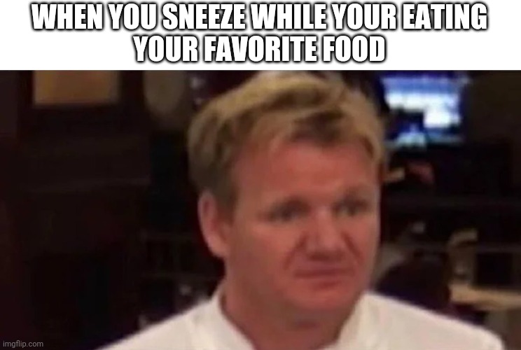 Disgusted Gordon Ramsay | WHEN YOU SNEEZE WHILE YOUR EATING
YOUR FAVORITE FOOD | image tagged in disgusted gordon ramsay | made w/ Imgflip meme maker