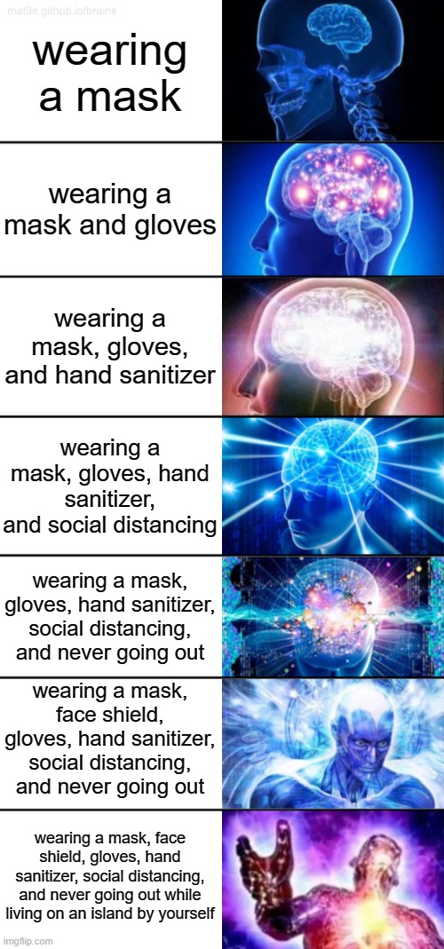 7-Tier Expanding Brain | wearing a mask; wearing a mask and gloves; wearing a mask, gloves, and hand sanitizer; wearing a mask, gloves, hand sanitizer, and social distancing; wearing a mask, gloves, hand sanitizer, social distancing, and never going out; wearing a mask, face shield, gloves, hand sanitizer, social distancing, and never going out; wearing a mask, face shield, gloves, hand sanitizer, social distancing, and never going out while living on an island by yourself | image tagged in 7-tier expanding brain | made w/ Imgflip meme maker