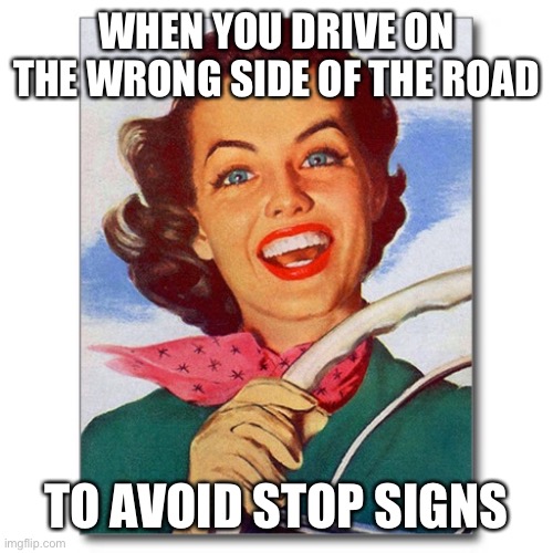 This is big brain time | WHEN YOU DRIVE ON THE WRONG SIDE OF THE ROAD; TO AVOID STOP SIGNS | image tagged in vintage '50s woman driver,big brain,funny,memes,driving | made w/ Imgflip meme maker