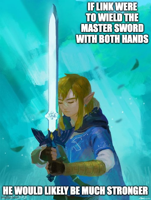 Link With Master Sword | IF LINK WERE TO WIELD THE MASTER SWORD WITH BOTH HANDS; HE WOULD LIKELY BE MUCH STRONGER | image tagged in legend of zelda,link,master sword,memes | made w/ Imgflip meme maker