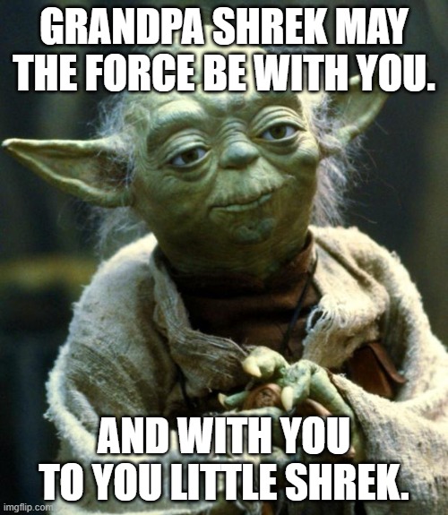 shrek | GRANDPA SHREK MAY THE FORCE BE WITH YOU. AND WITH YOU TO YOU LITTLE SHREK. | image tagged in memes,star wars yoda | made w/ Imgflip meme maker