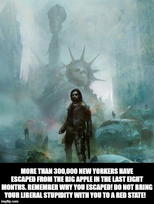 Remember why you fled your cesspool blue state! Do not bring liberal stupidity with you! | MORE THAN 300,000 NEW YORKERS HAVE ESCAPED FROM THE BIG APPLE IN THE LAST EIGHT MONTHS. REMEMBER WHY YOU ESCAPED! DO NOT BRING YOUR LIBERAL STUPIDITY WITH YOU TO A RED STATE! | image tagged in stupid liberals,democrats | made w/ Imgflip meme maker