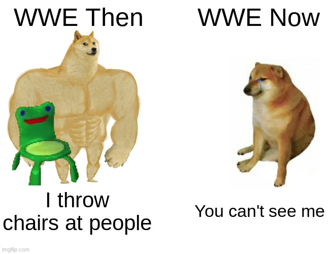 Buff Doge vs. Cheems | WWE Then; WWE Now; I throw chairs at people; You can't see me | image tagged in memes,buff doge vs cheems | made w/ Imgflip meme maker
