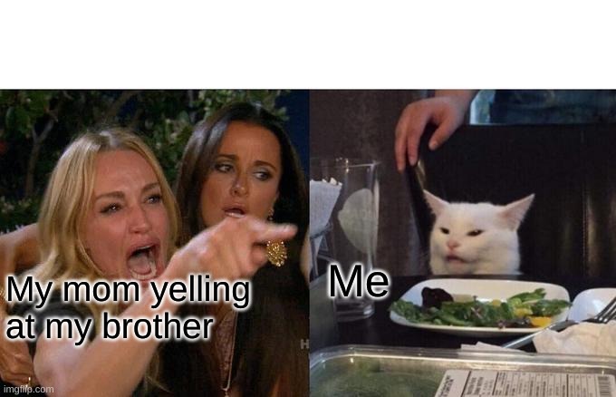 IDK | Me; My mom yelling at my brother | image tagged in memes,woman yelling at cat | made w/ Imgflip meme maker