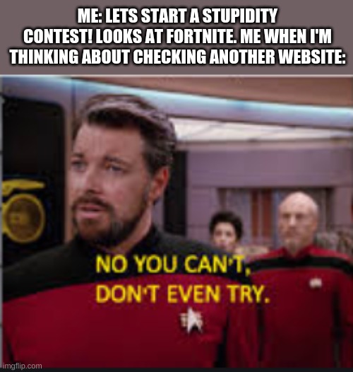 Don't try Fortnite. | ME: LETS START A STUPIDITY CONTEST! LOOKS AT FORTNITE. ME WHEN I'M THINKING ABOUT CHECKING ANOTHER WEBSITE: | image tagged in fortnite meme | made w/ Imgflip meme maker