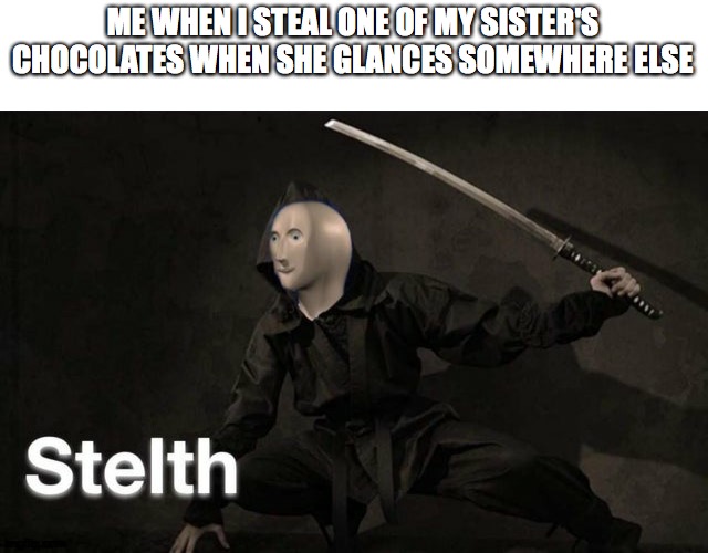 Speaks for itself | ME WHEN I STEAL ONE OF MY SISTER'S CHOCOLATES WHEN SHE GLANCES SOMEWHERE ELSE | image tagged in stelth | made w/ Imgflip meme maker