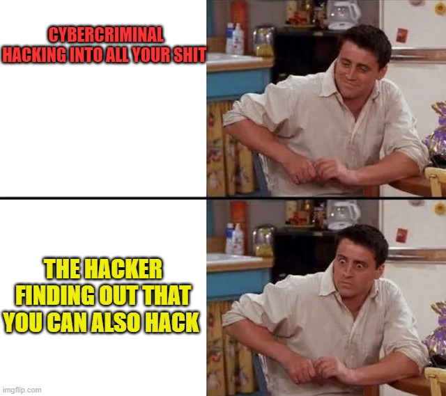 Hacker Warfare! | CYBERCRIMINAL HACKING INTO ALL YOUR SHIT; THE HACKER FINDING OUT THAT YOU CAN ALSO HACK | image tagged in surprised joey | made w/ Imgflip meme maker