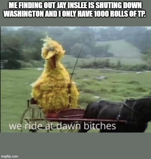 UH OH | ME FINDING OUT JAY INSLEE IS SHUTING DOWN WASHINGTON AND I ONLY HAVE 1000 ROLLS OF TP. | image tagged in yeah this is big brain time | made w/ Imgflip meme maker